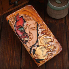 Handmade leather Buddha devil  wallet leather zip men clutch Carved Tooled wallet