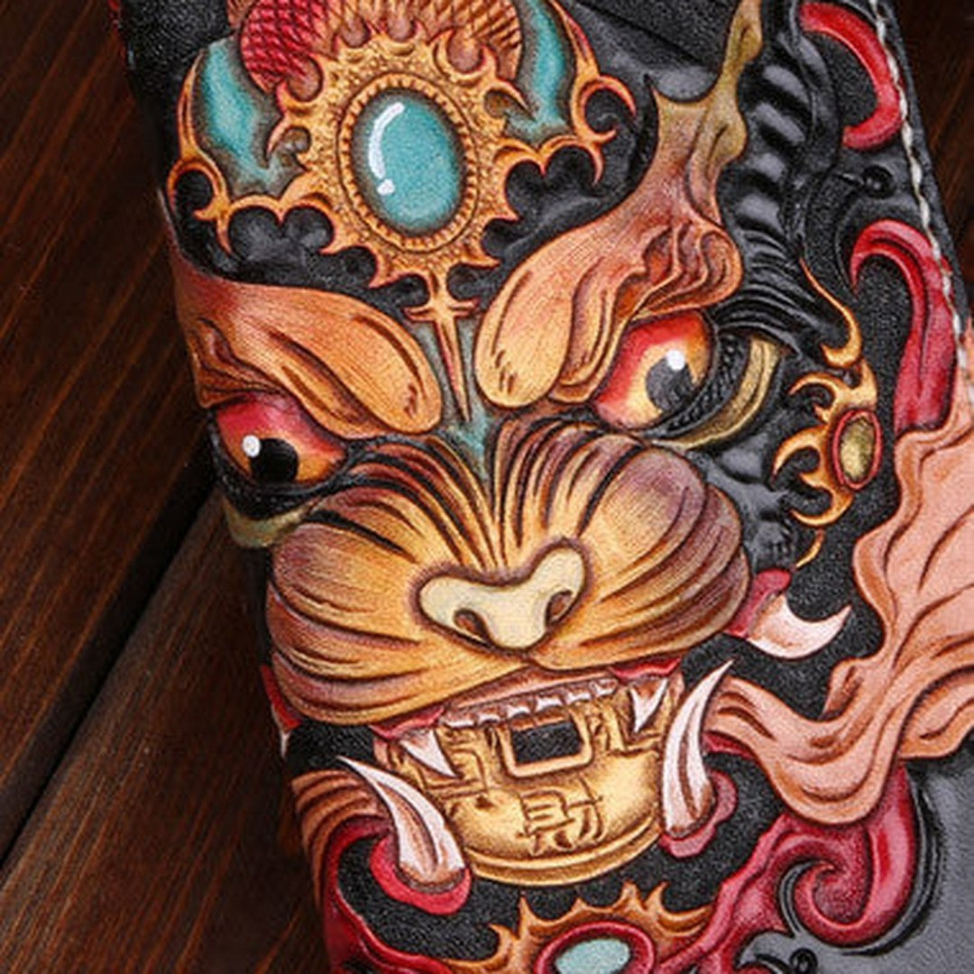 Handmade leather Chinese Monster Black wallet leather zip men clutch Carved Tooled wallet