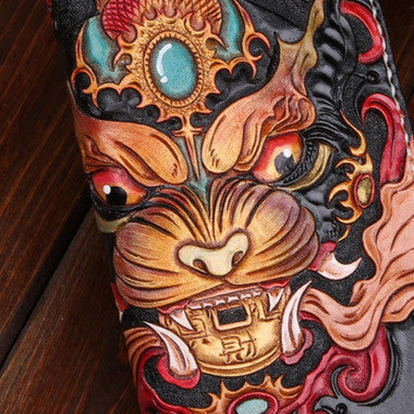 Handmade leather Chinese Monster Black wallet leather zip men clutch Carved Tooled wallet