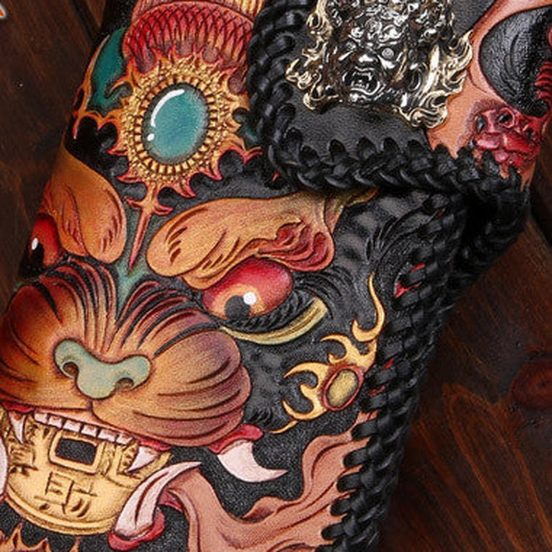 Handmade leather Long Chinese Monster biker trucker chain wallet leather men Carved Tooled wallet