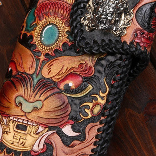 Handmade leather Long Chinese Monster biker trucker chain wallet leather men Carved Tooled wallet