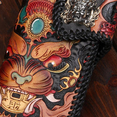 Handmade leather Long Chinese Monster biker trucker chain wallet leather men Carved Tooled wallet