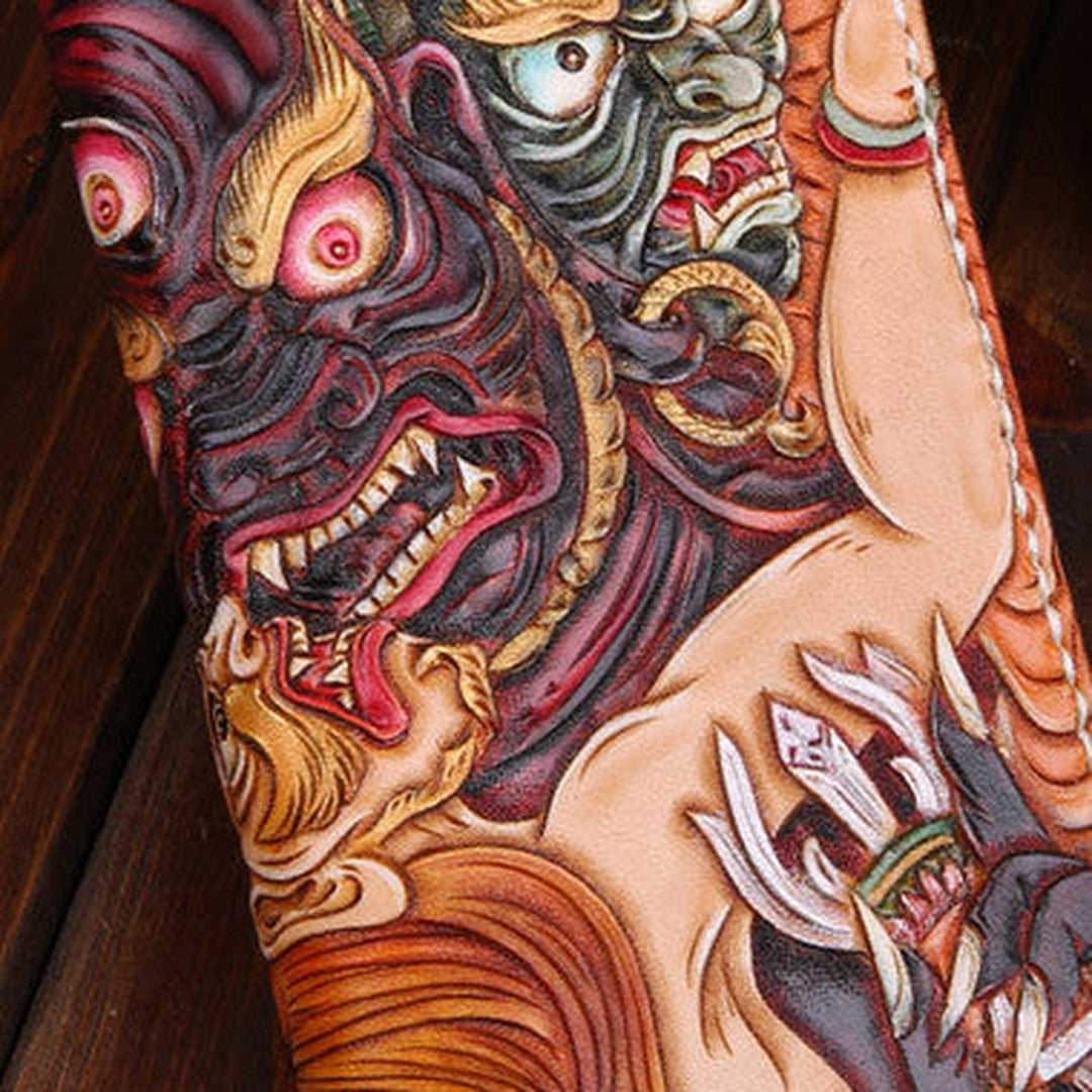 Handmade leather Chinese devil  wallet leather zip men clutch Carved Tooled wallet