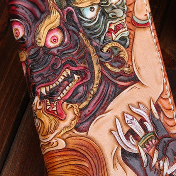Handmade leather Chinese devil  wallet leather zip men clutch Carved Tooled wallet