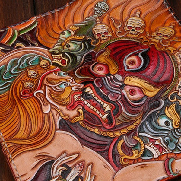 Handmade Long leather biker wallet trucker leather chain God Mahakala Carved Tooled wallet