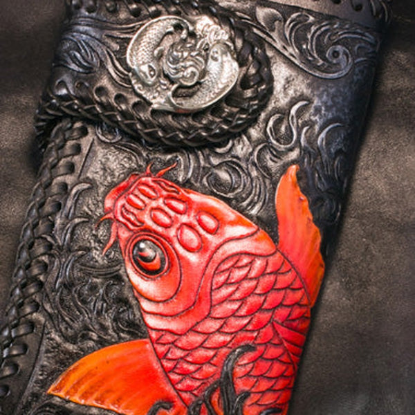 Handmade Leather Long Black Biker Wallet Trucker Wallet Leather Chain Men Red Carp Tooled Wallet