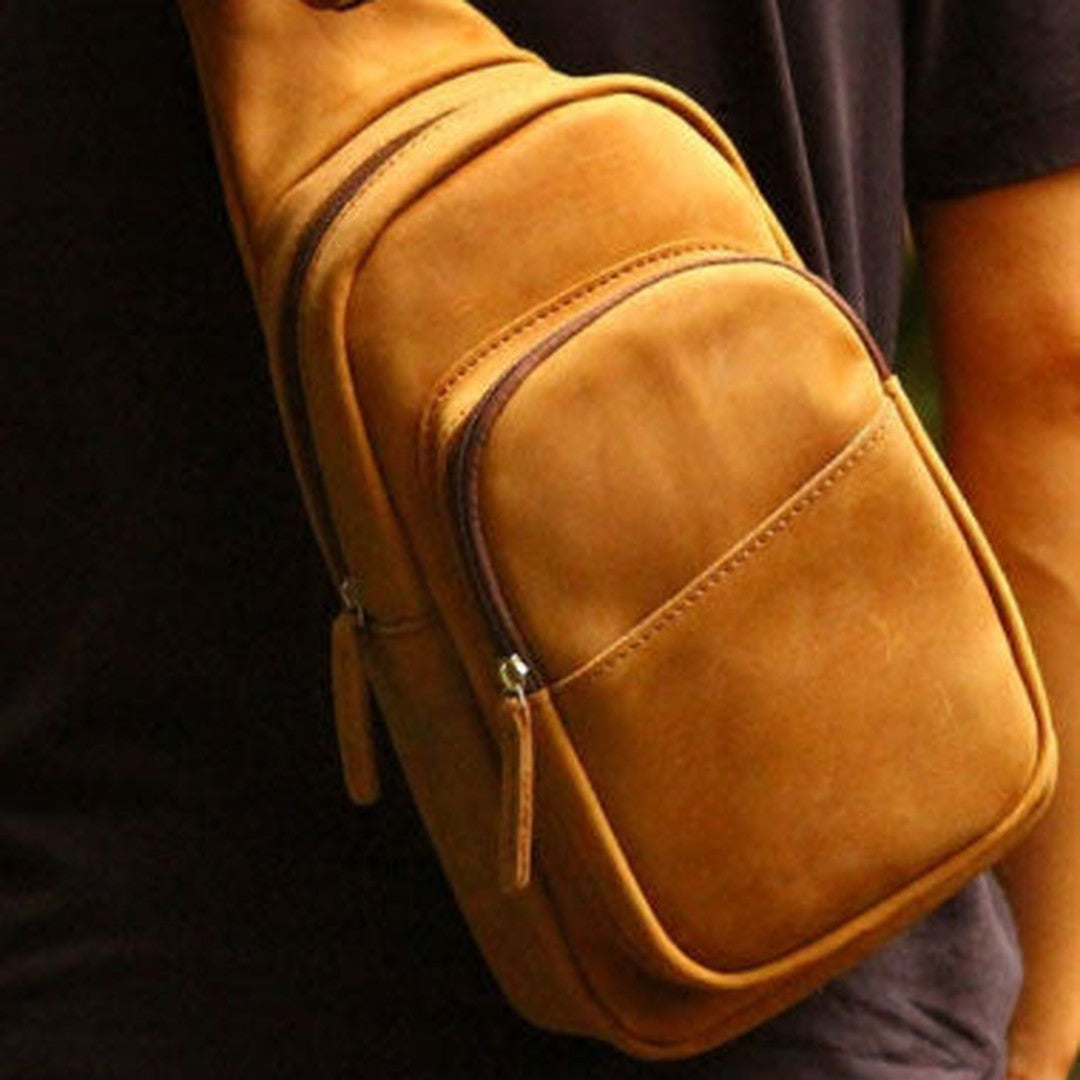 Genuine Leather Mens Chest Bag Cool Sling Bag Waist Bag Bike Bag Cycling Bag For Men