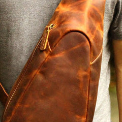 Genuine Leather Mens Cool Chest Bag Sling Bag Crossbody Bag Travel Bag Hiking Bag for men
