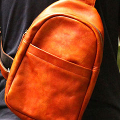 Genuine Leather Mens Cool Chest Bag Sling Bag Crossbody Bag Travel Bag Hiking Bag for men