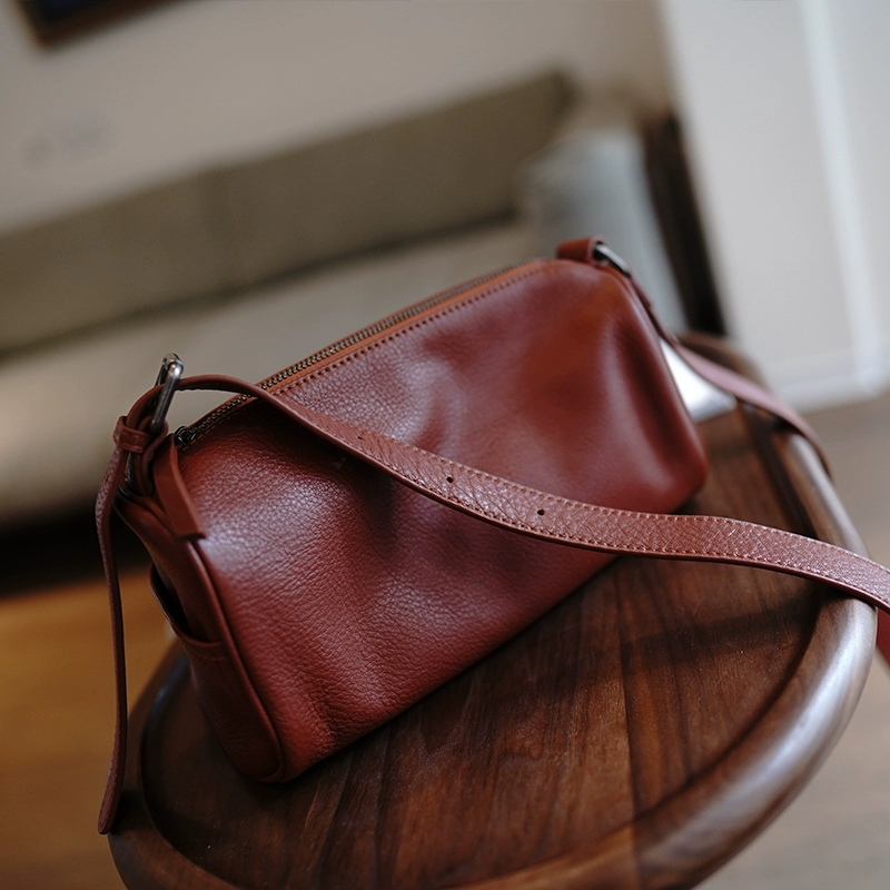 Brown Leather Box Shoulder Bag Trendy Women - Open View