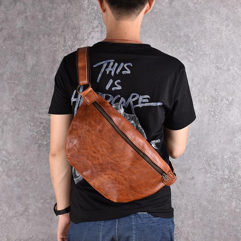 Brown Leather Mens Large Sling Bag Leather Mens Big Sling Bag