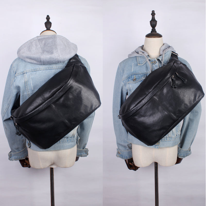 Black Leather Mens Large Sling Bag Leather Mens Big Waist Bag
