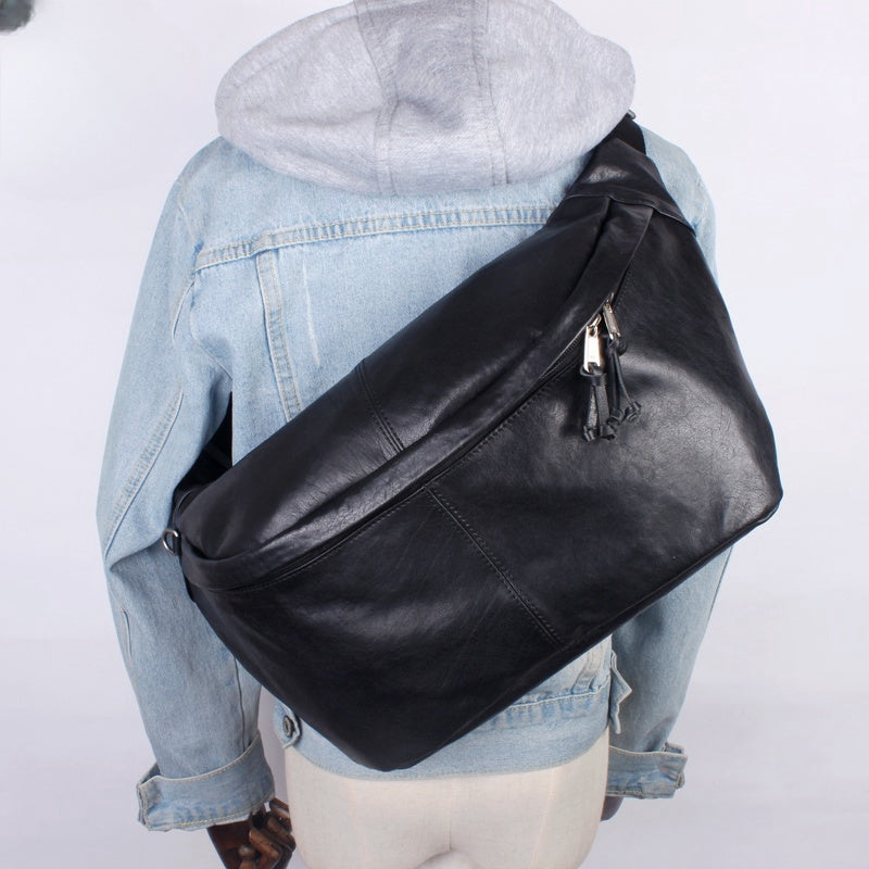 Leather Mens Large Sling Bag Black Leather Mens Big Waist Bag - Main Image