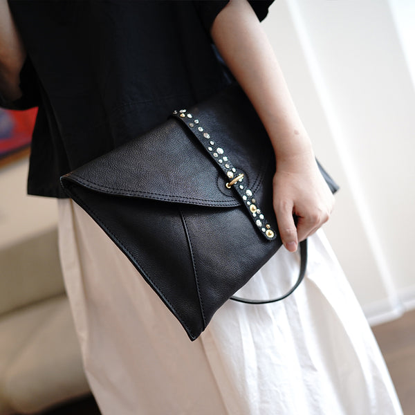 Brown Envelope Leather Shoulder Bag Large Clutch - Open View