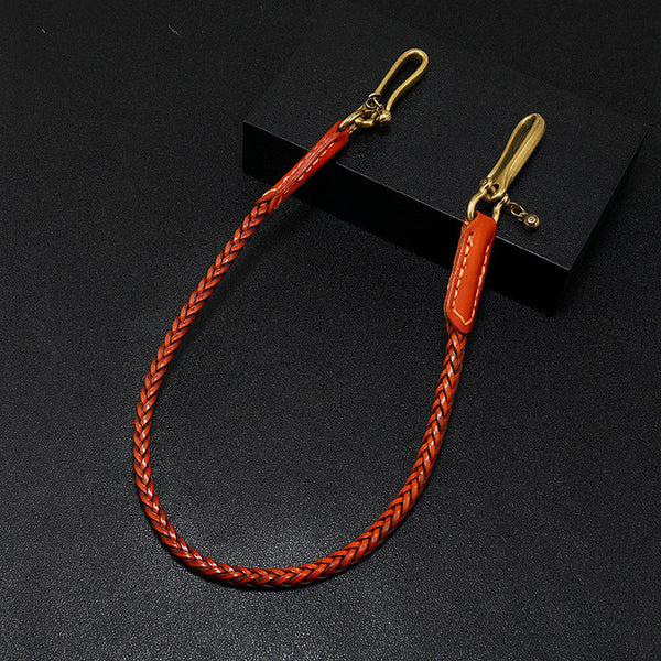 Brown Leather Braided Biker Wallet Chains Handmade Leather Pants Chain For Men