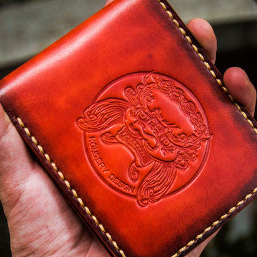 Handmade leather billfold lion wallet clutch zip long wallet brown leather men