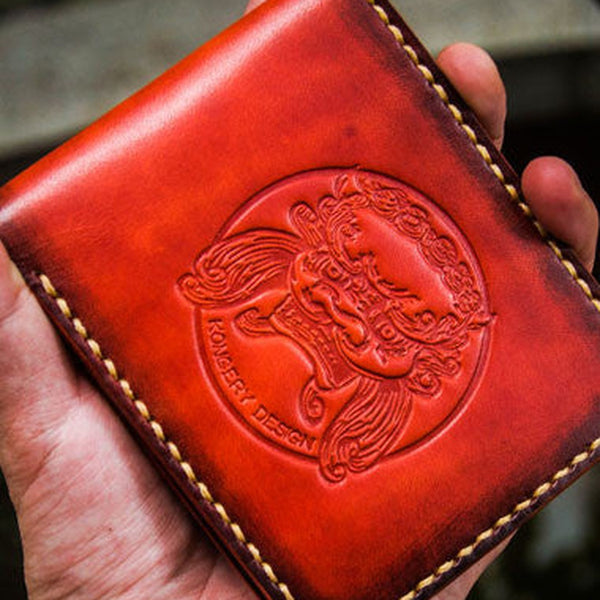 Handmade leather billfold lion wallet clutch zip long wallet brown leather men
