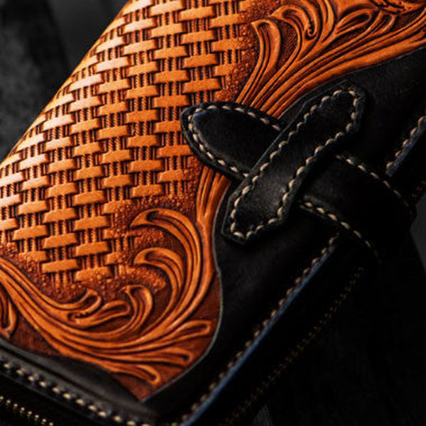 Handmade leather clutch zip long wallet black floral leather men Tooled