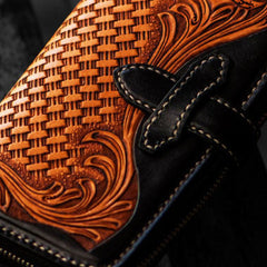 Handmade leather clutch zip long wallet black floral leather men Tooled