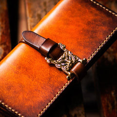 Handmade leather long clutch biker trucker chain wallet coffee brown leather men wallet