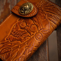 Handmade leather indian chief skull brown coffee carved biker wallet trucker billfold wallet for men