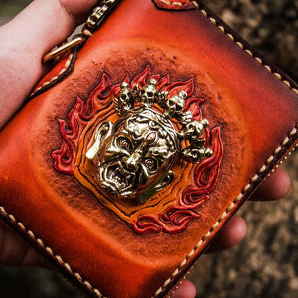 Handmade leather God Mahakala billfold biker wallet clutch zip wallet brown tooled