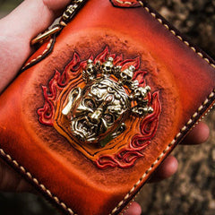 Handmade leather God Mahakala billfold biker wallet clutch zip wallet brown tooled
