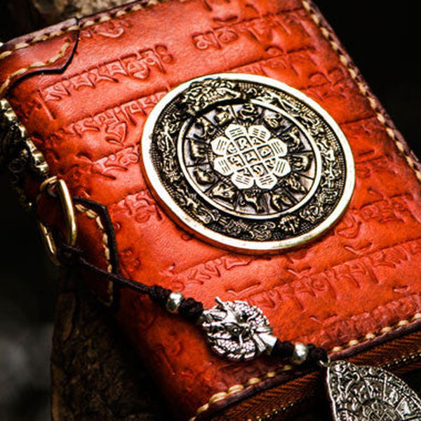 Handmade Tibetan Leather Billfold Wallet for Men – Zip-Around with Mantra Wheel Medallion