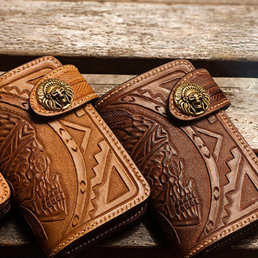 Handmade brown leather indian skull carved biker wallet bifold billfold wallet for men