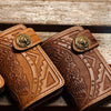 Handmade brown leather indian skull carved biker wallet bifold billfold wallet for men