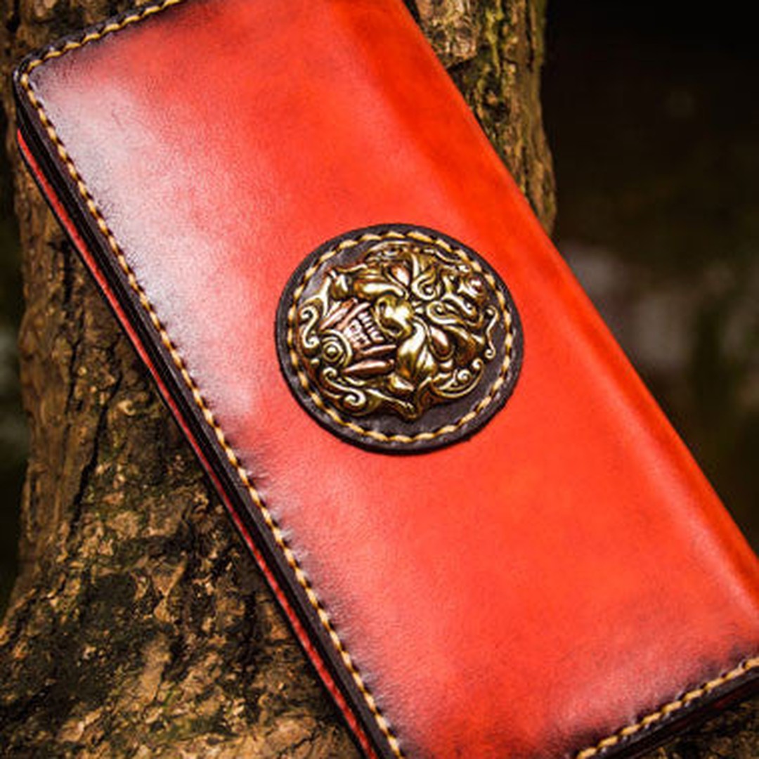 Handmade leather lion biker wallet clutch zip long wallet brown  leather men phone