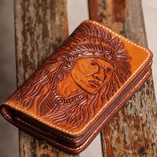 Handmade black coffee brown leather Indian carved biker wallet billfold wallet for men