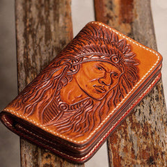 Handmade black coffee brown leather Indian carved biker wallet billfold wallet for men