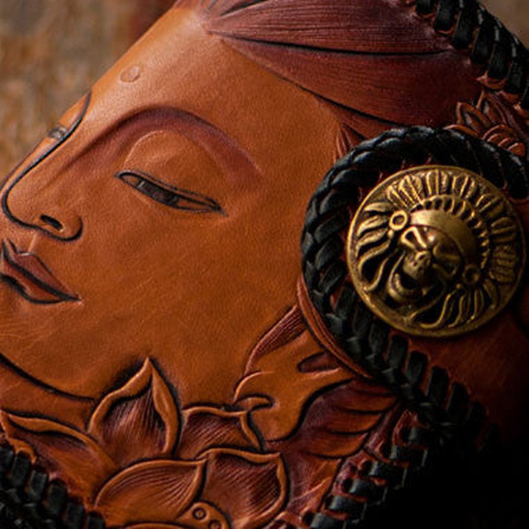 Handmade leather biker trucker wallet black billfold Bodhisattva leather chain men Carved Tooled wallet