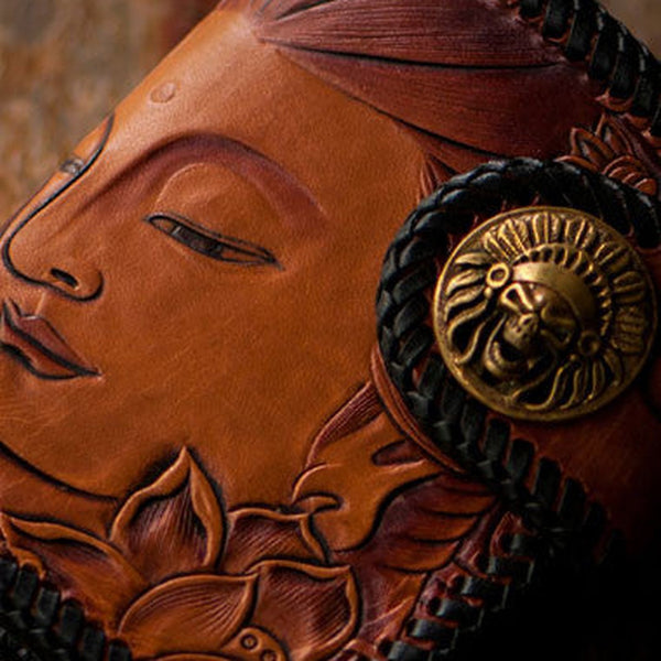 Handmade leather biker trucker wallet black billfold Bodhisattva leather chain men Carved Tooled wallet