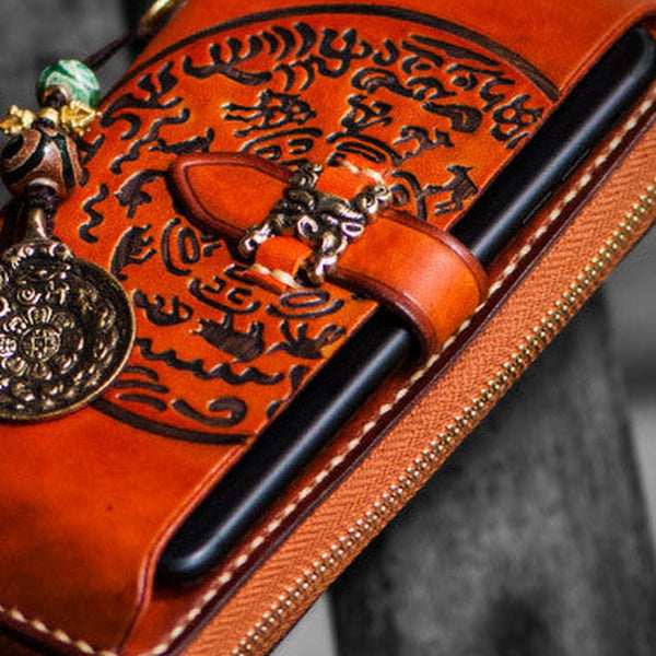 Handmade leather hieroglyph biker wallet clutch zip long wallet brown leather men phone