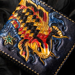 Handmade Tooled Leather Billfold Wallet for Men – Hand Painted Koi Carp on Black