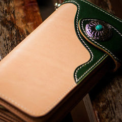 Handmade leather beige green men biker wallet bifold long wallet for men