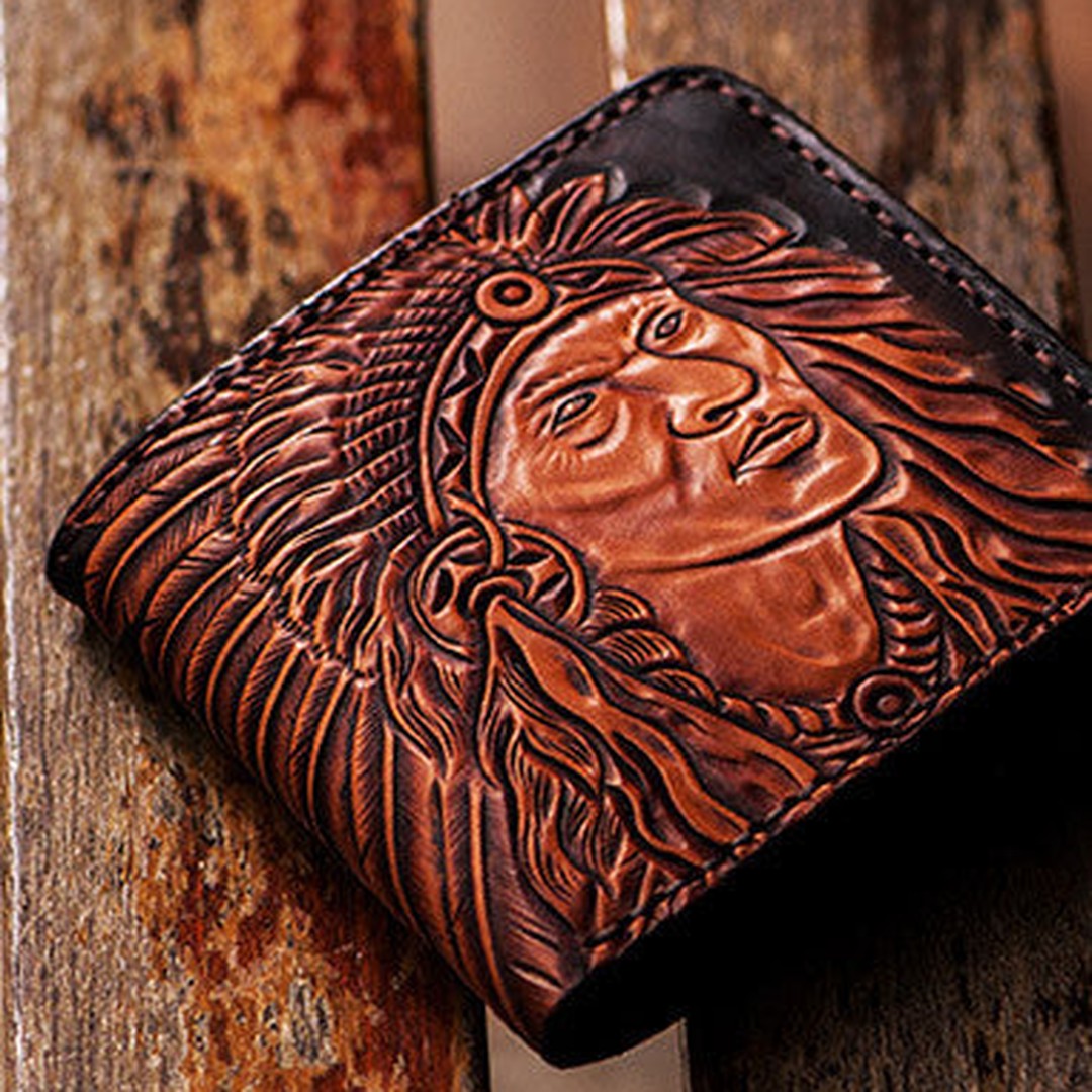 Handmade men billfold wallet black coffee leather Indian carved billfold wallet for men