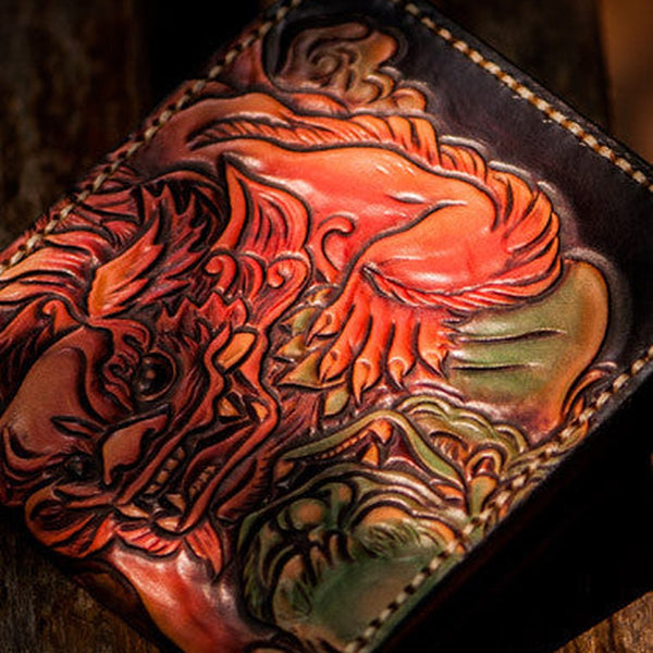 Handmade leather billfold wallet men tooled chinese lion carved wallet