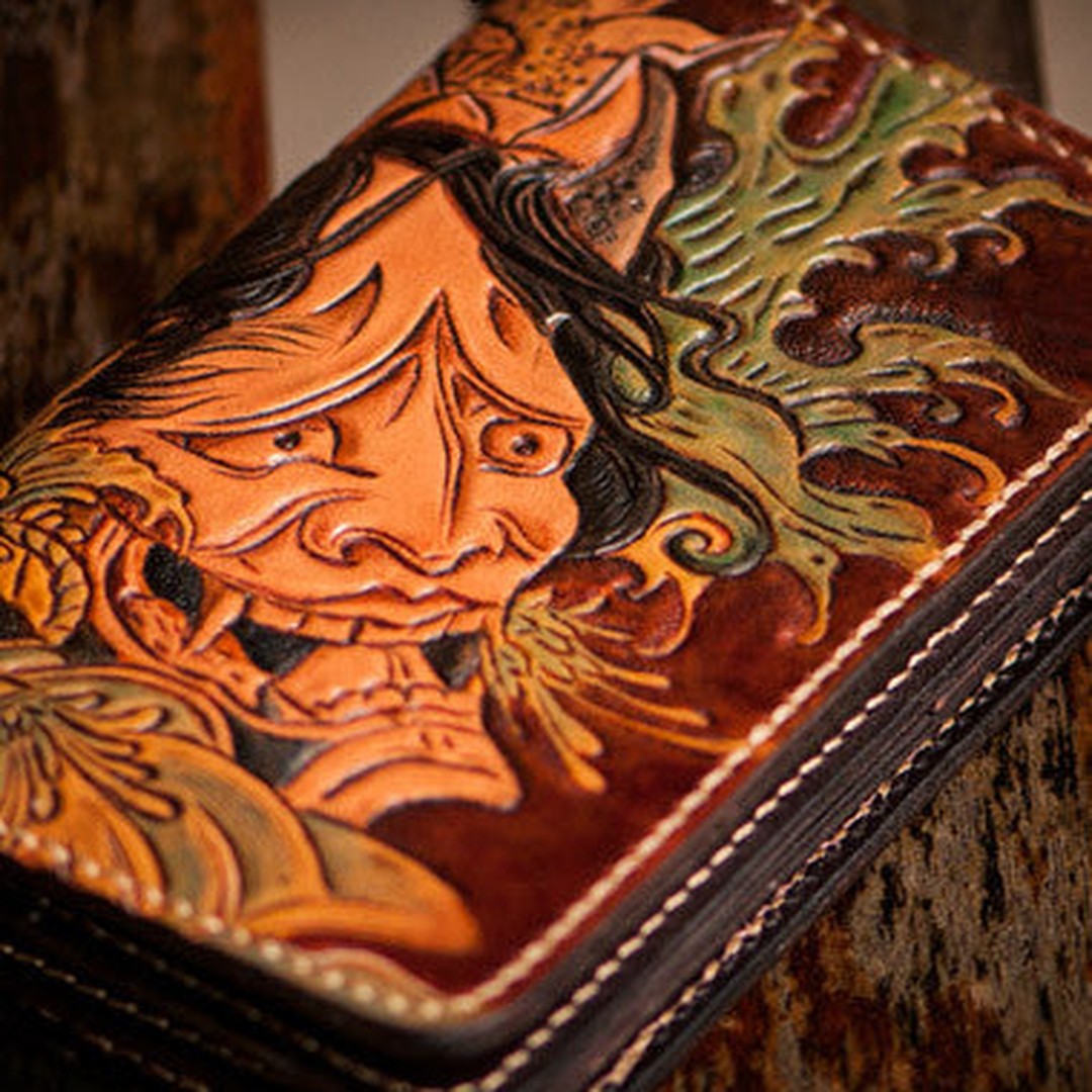 Handmade black coffee brown leather prajna carved biker wallet billfold wallet for men