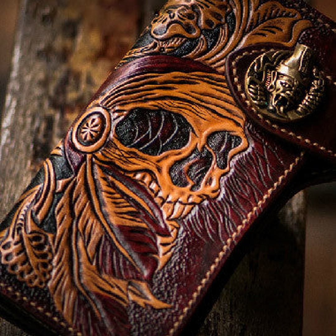 Handmade black leather indian skull carved biker wallet bifold Long wallet for men