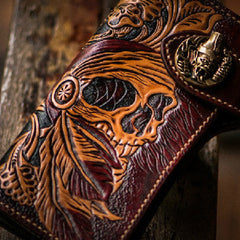 Handmade black leather indian skull carved biker wallet bifold Long wallet for men