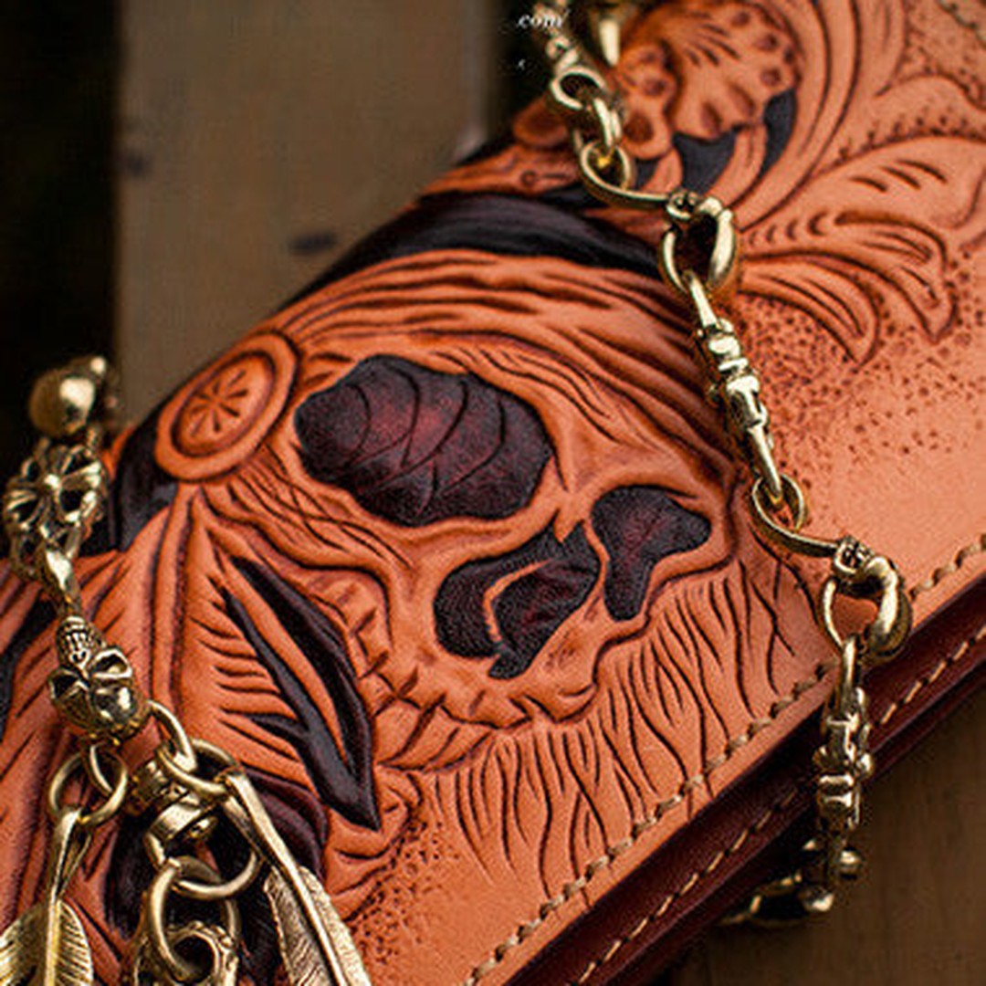 Handmade black leather indian skull carved biker wallet bifold Long wallet clutch for men