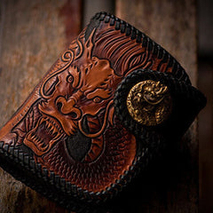 Handmade biker wallet chinese dragon brown black leather carved trucker wallet chain for men