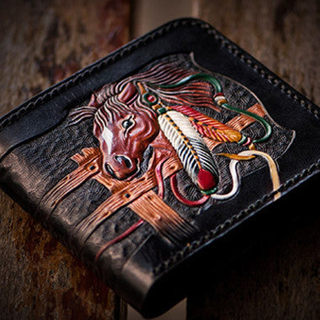 Handmade men billfold wallet black coffee leather horse carved billfold wallet for men