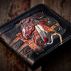 Handmade men billfold wallet black coffee leather horse carved billfold wallet for men