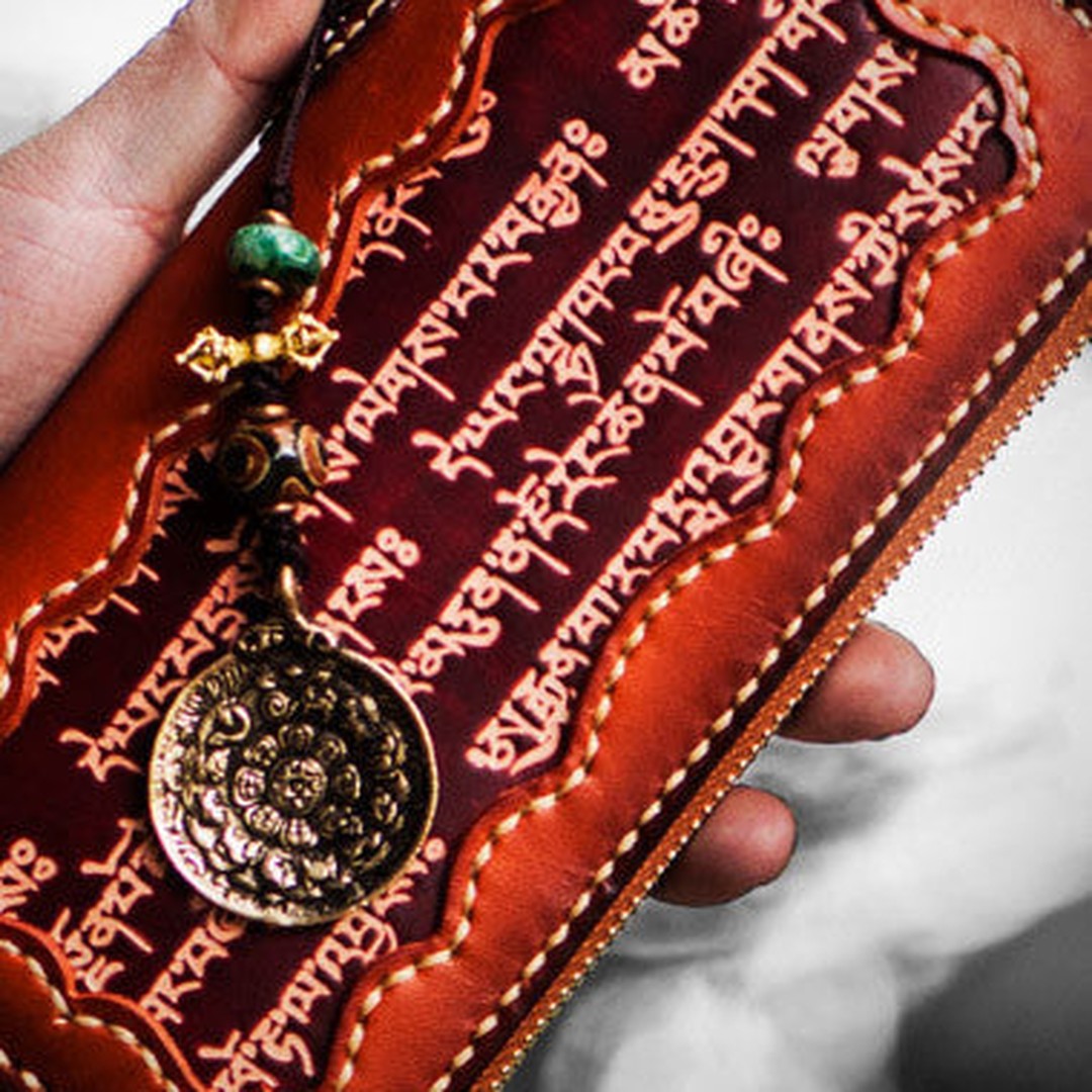 Handmade leather Tibetan scriptures biker wallet clutch zip long wallet brown leather men phone