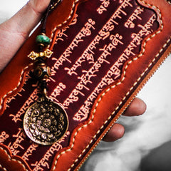 Handmade leather Tibetan scriptures biker wallet clutch zip long wallet brown leather men phone