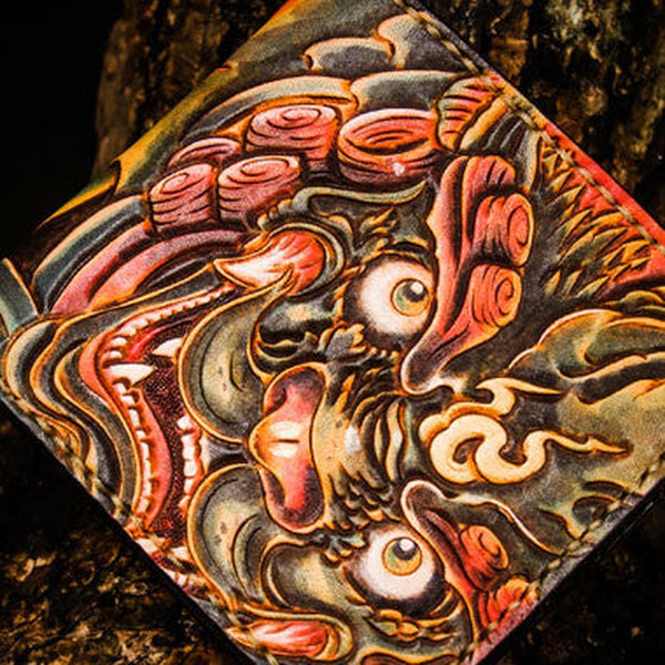 Handmade leather tooled lion wallet clutch black billfold wallet brown leather men